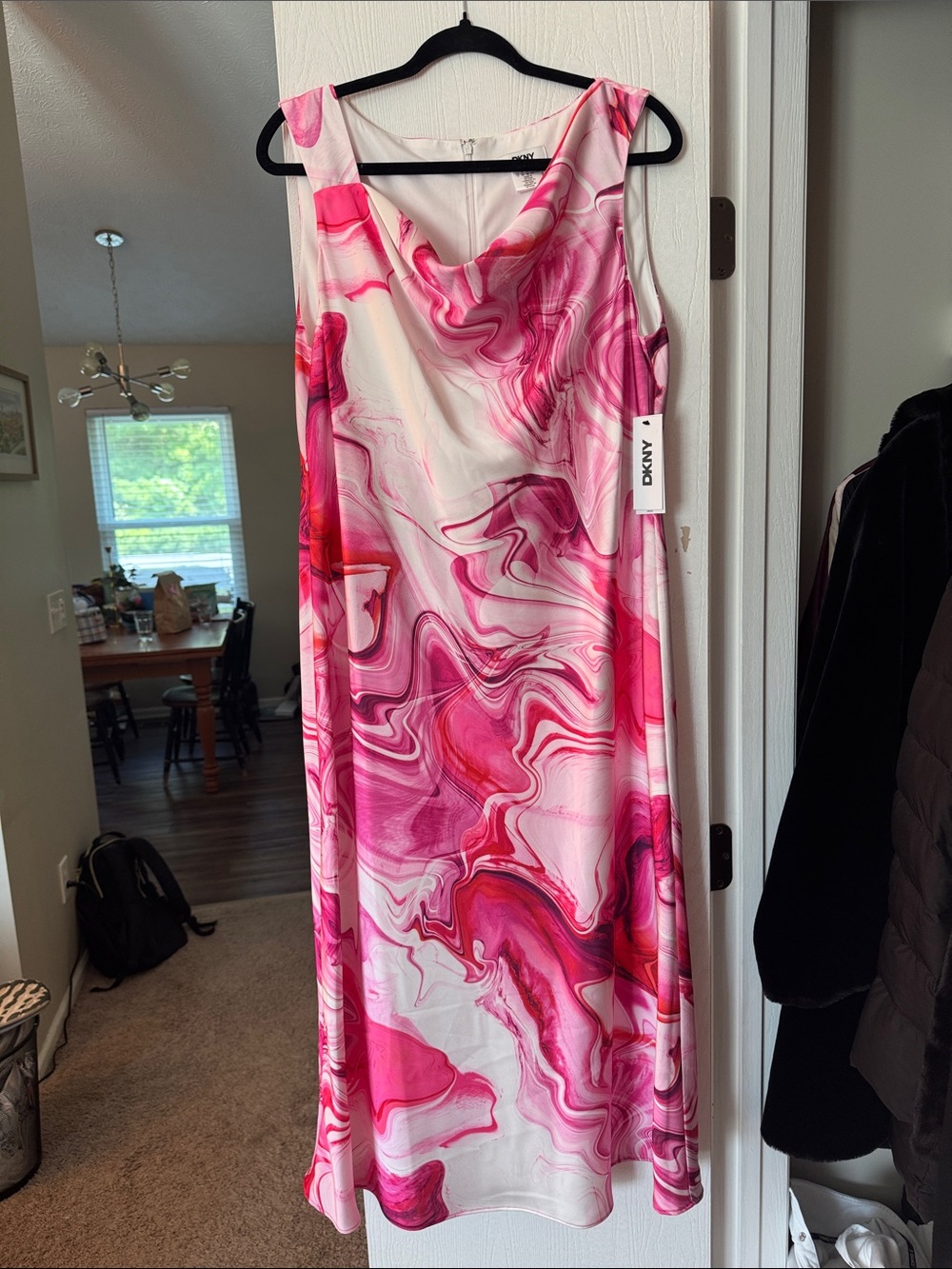 NEW WITH TAGS DKNY Pink Marble Print Sleeveless Cowl Neck Dress